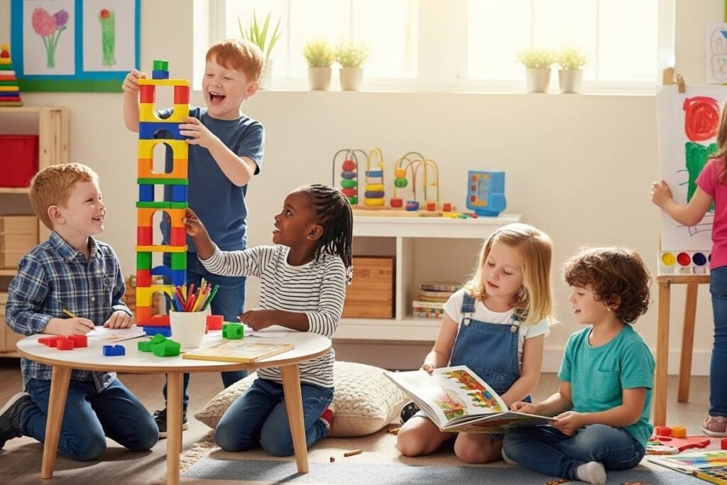 grupo de crianças brincando com montagem em uma sala de aula