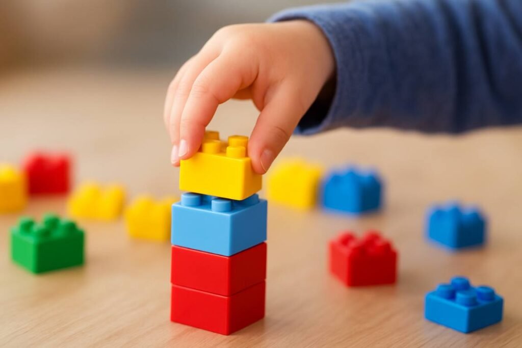 mãe de uma criança montando blocos