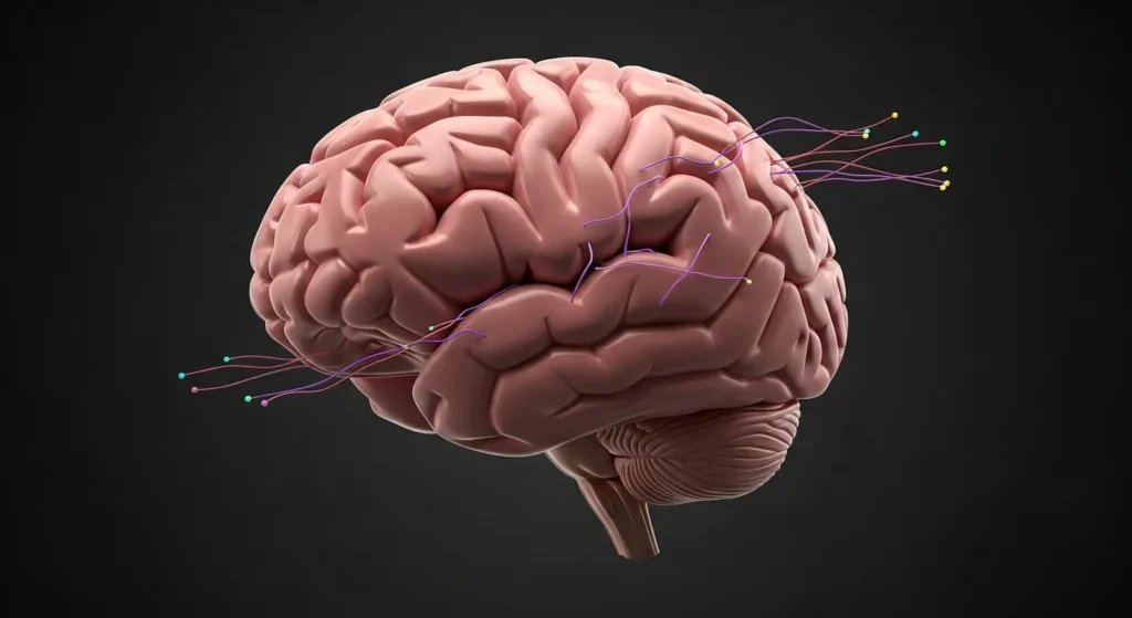Cérebro humano com cor rosada com alguns fios saindo dele