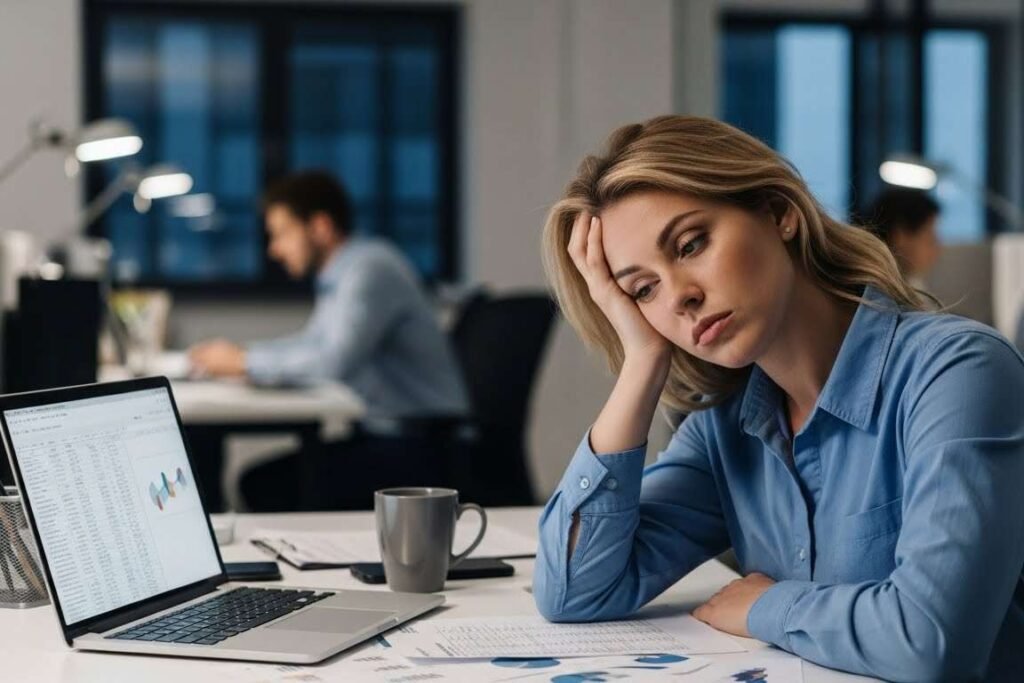 Mulher em sua mesa de trabalho demonstrando cansaço - Síndrome de Burnout