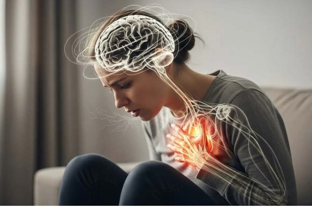 Mulher com as mãos no peito sentido-se mal - Minha Angústia Não Cessa