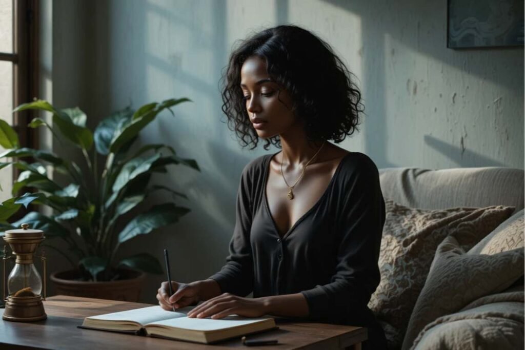 Mulher em ambiente calmo fazendo anotações - Minha Angústia Não Cessa