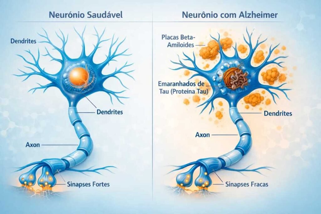 Imagem do neurônio normal e outro com Alzheimer - Demência Como 6 Fatores de Estilo de Vida Podem Determinar Seu Futuro Cerebral
