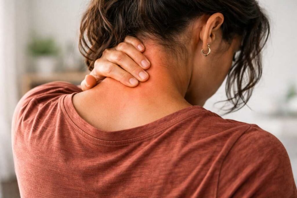 Mulher sentindo dor no pescoço - Sintomas de Ansiedade 10 Sinais Que Você Não Conhece