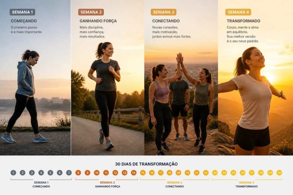 Imagem divida em quatro mostrando o progresso de uma mulher - Guia Prático de 30 Dias para Saúde Cerebral