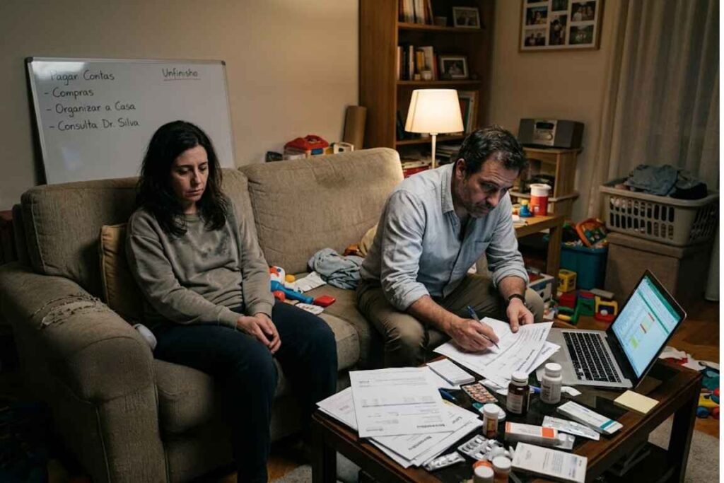 Casal sentados no sofá da sala que está desarrumada - Depressão no Casamento Como Ajudar Quem Você Ama e Cuidar de Si Mesmo