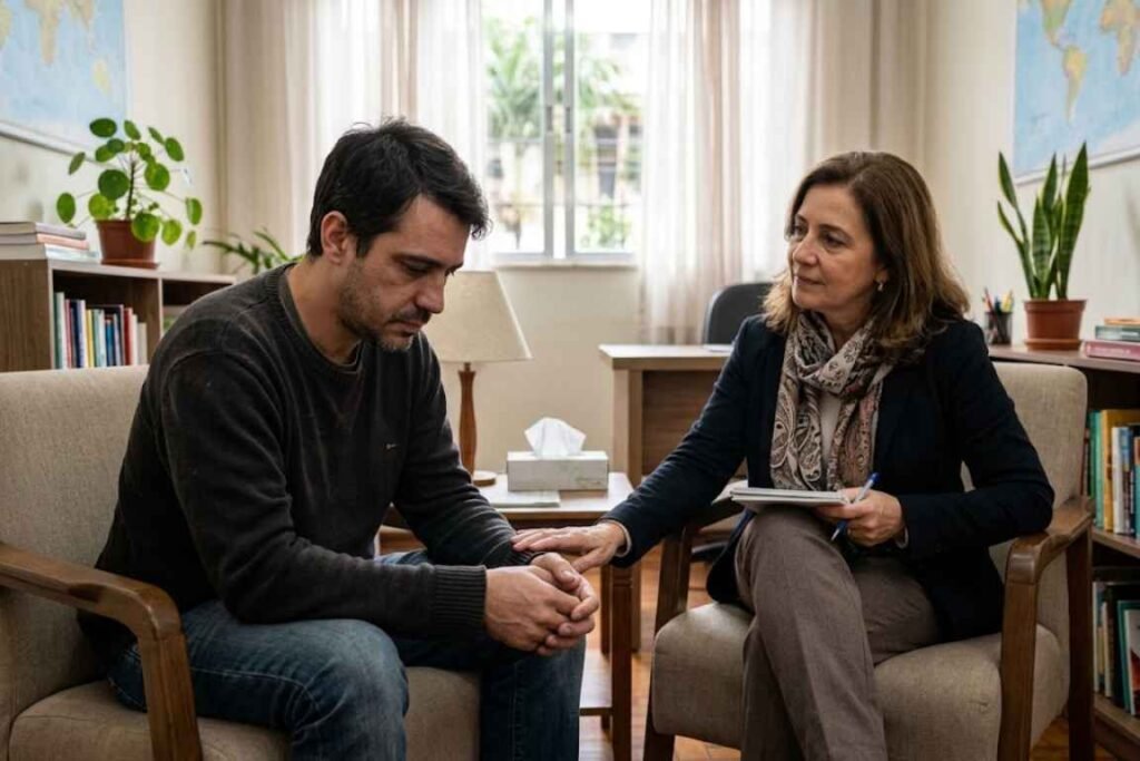 Homem sendo atendido por uma psicoterapeuta - Depressão no Casamento Como Ajudar Quem Você Ama e Cuidar de Si Mesmo 