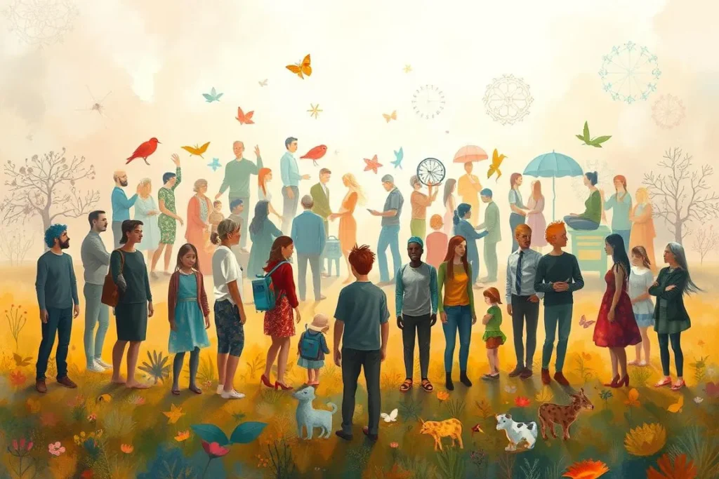 várias pessoas no parque com animais - imagem bem colorida
