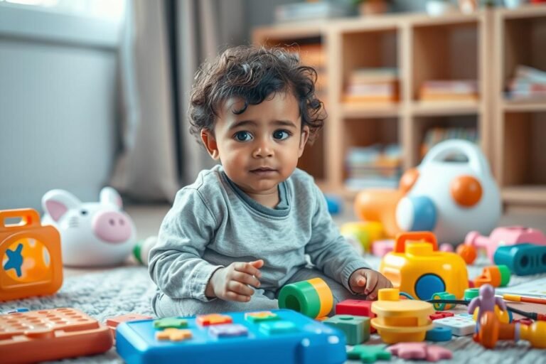 Criança autista brincado no chão com vários brinquedos
