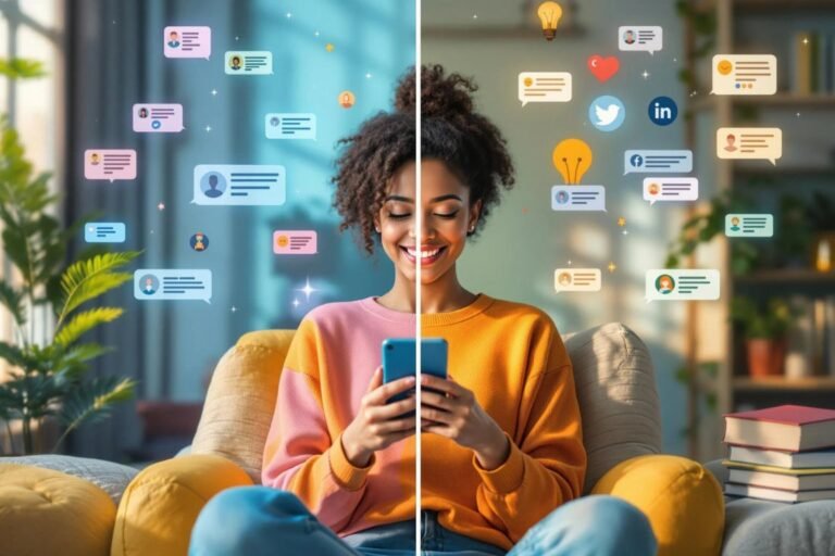 jovem usando o celular com várias figurinhas das redes em volta dela