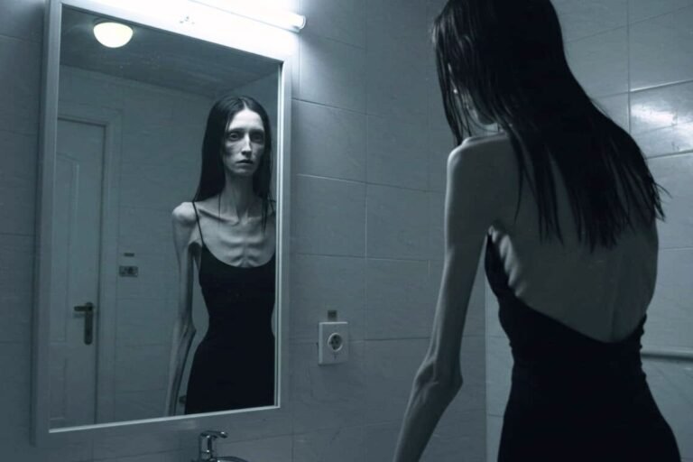 mulher com anorexia muito magra se olhando no espelho