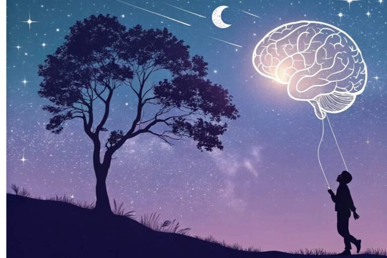 homem ligado a imagem de um cérebro em uma noite de luar