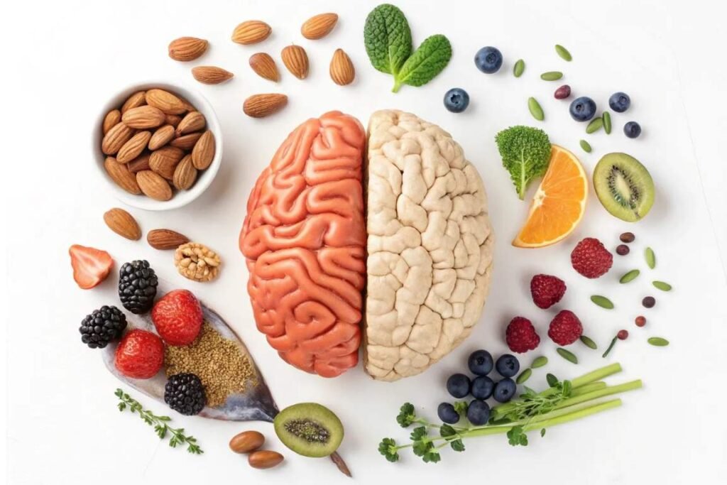 controle mental - Imagem do cérebro com alimentos ao seu redor