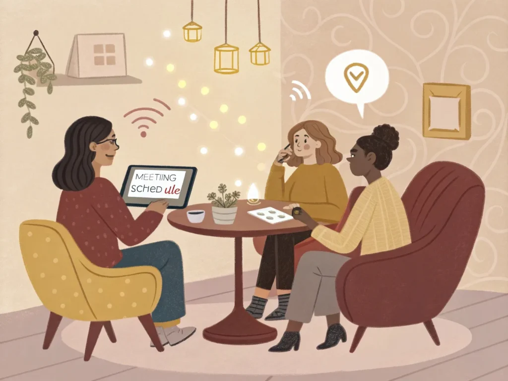 tres pessoas reunidas em uma mesa