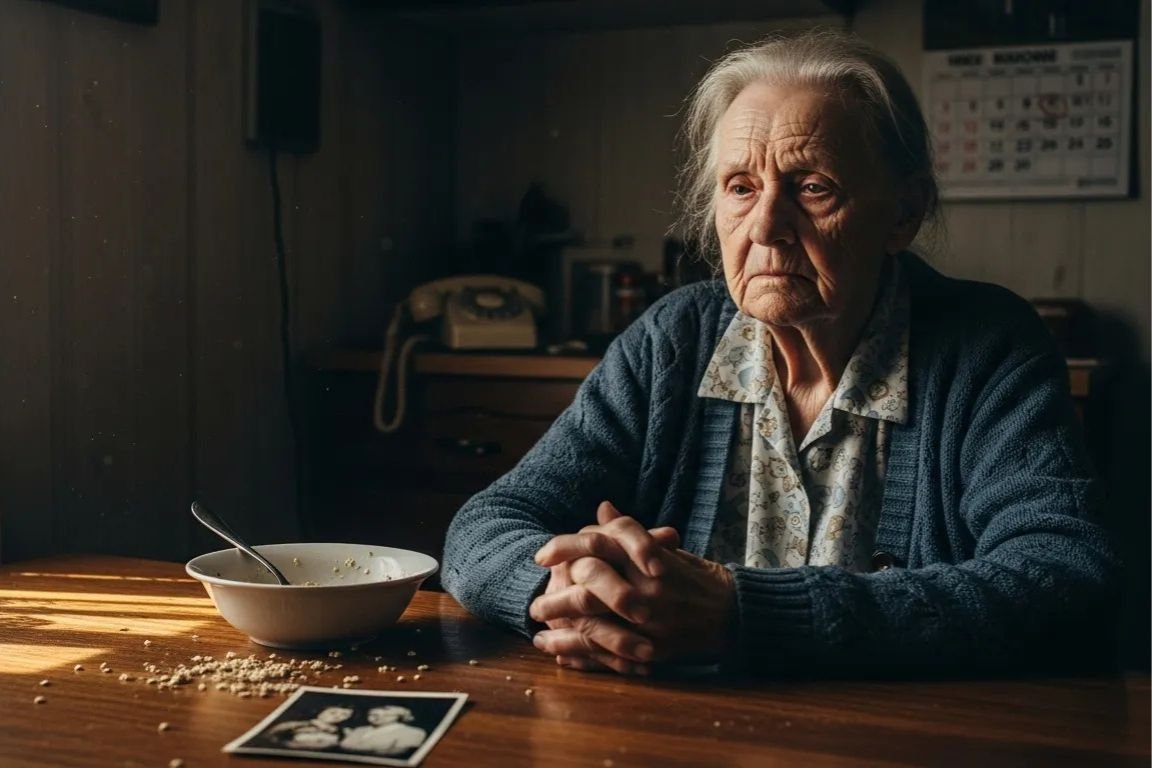 idosa com demência olhando o vazio, sentada à mesa com um prato de mingau vazio ao seu lado