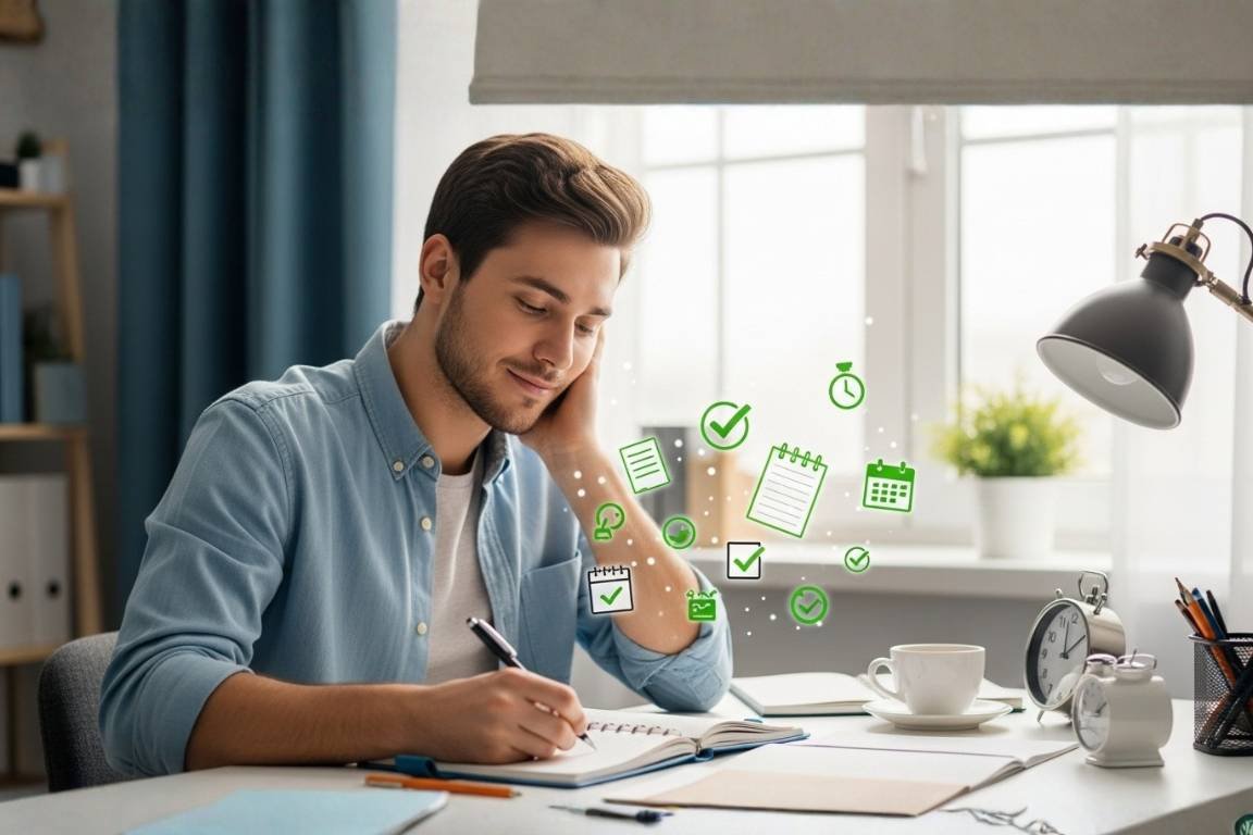 Homem sentado planejando o seu tempo para gerenciar a ansiedade