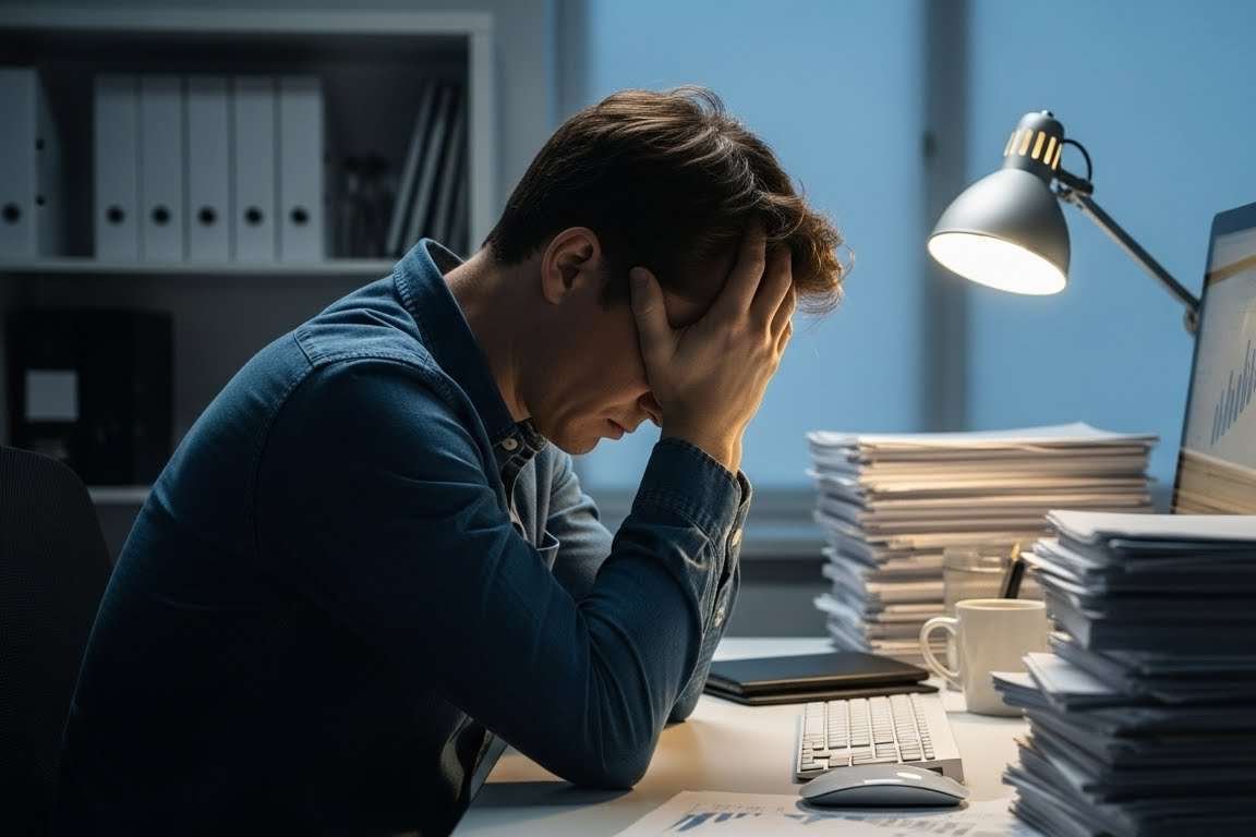 Homem no escritório com cabeça baixa e mãos no rosto -Síndrome de Burnout