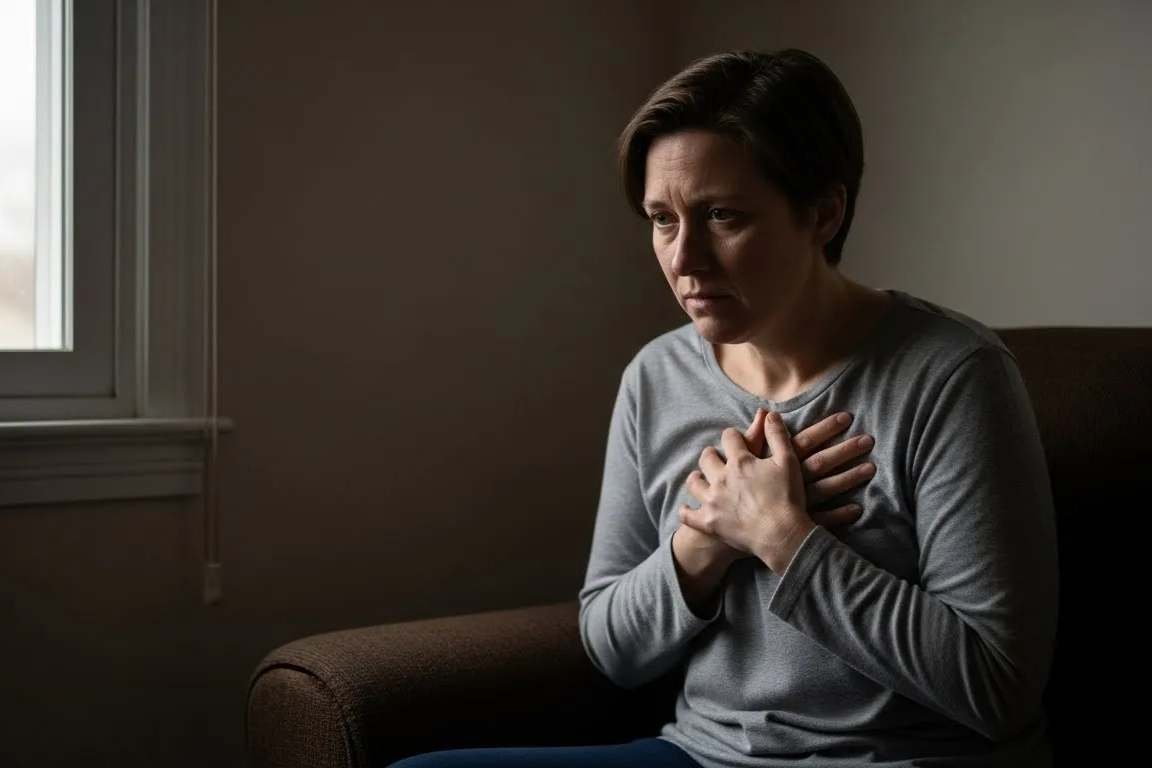 Mulher sentada em uma poltrona triste com a mão no peito - Minha Angústia Não Cessa