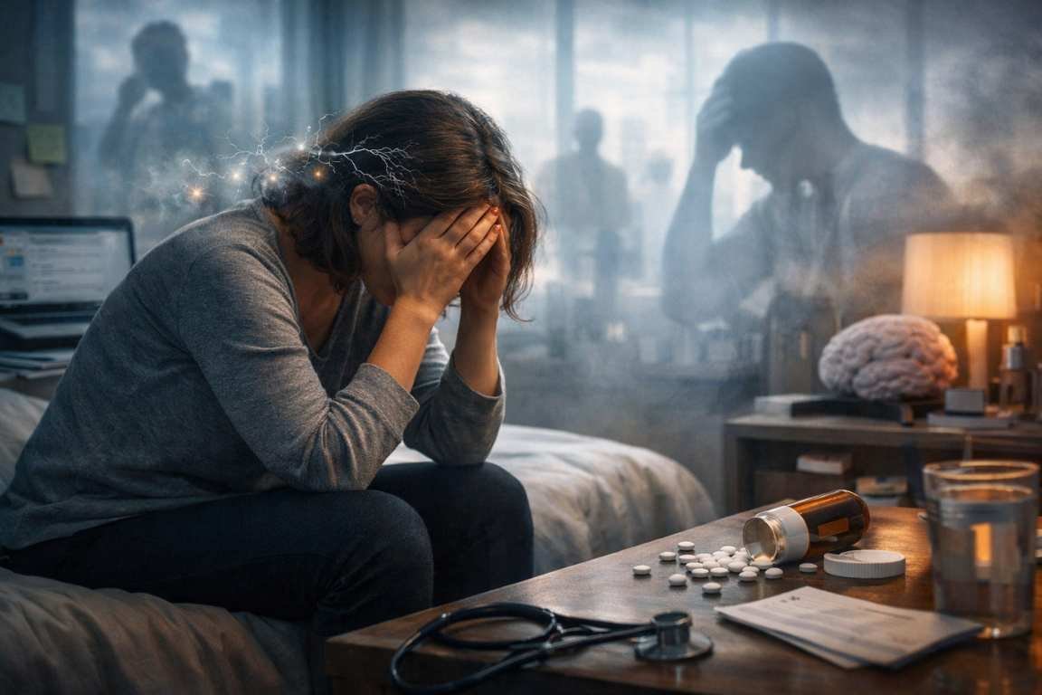 Mulher sentada na cama com as mãos na cabeça - Afastamento pelo INSS por Saúde Mental