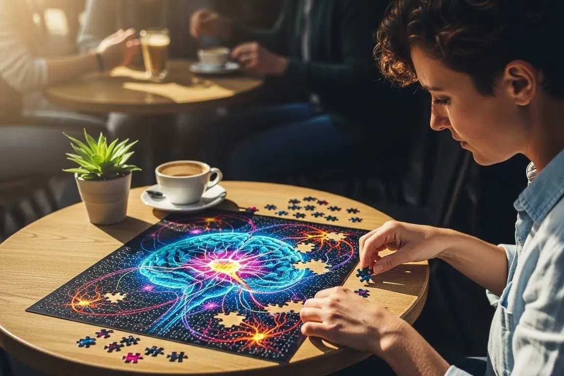 Mulher montando uma quebra-cabeça de um cérebro - Diagnóstico de TDAH em adultos
