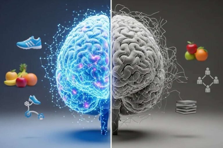 Cérebro dividido ao meio com cores diferentes - Demência Como 6 Fatores de Estilo de Vida Podem Determinar Seu Futuro Cerebral