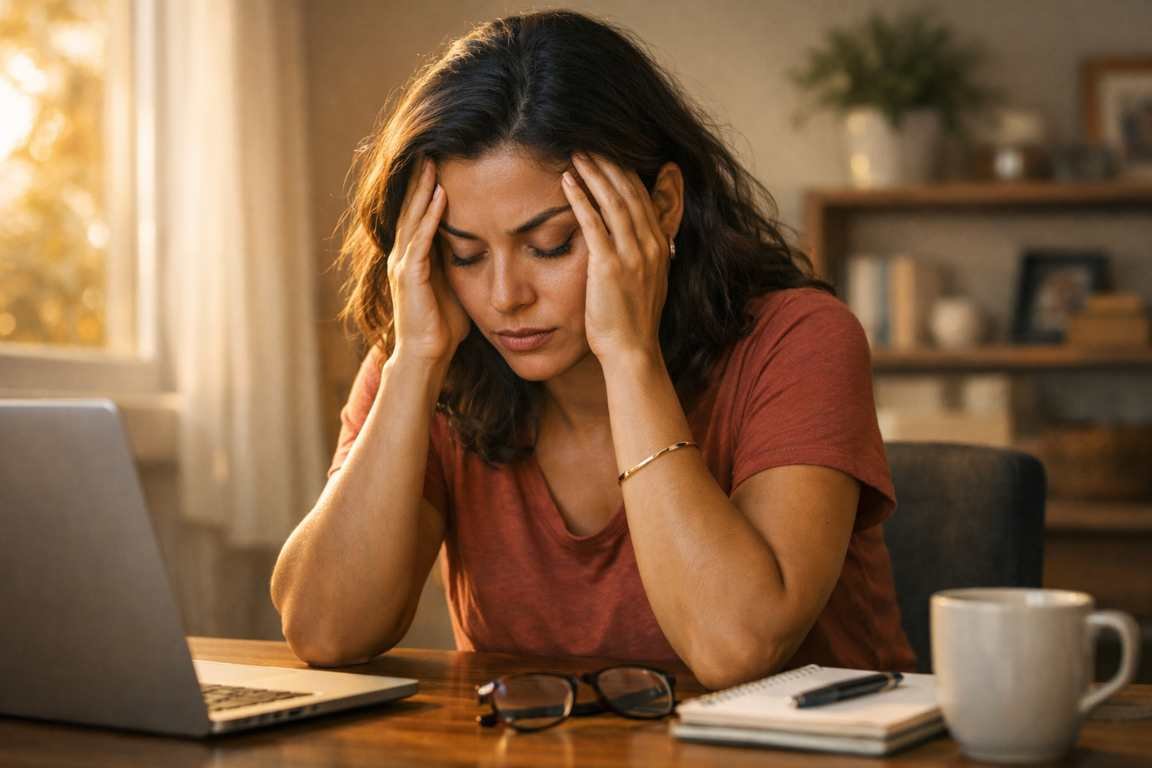 Mulher à mesa em frente a um nootbook com as mãos nas têmporas de olhos fechados - Sintomas de Ansiedade