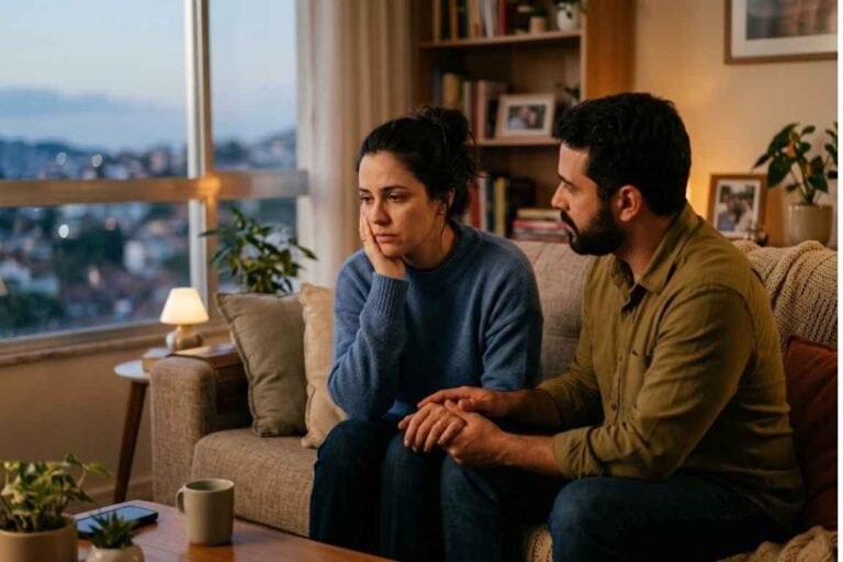 Um casal sentado no sofá - Depressão no Casamento: Como Ajudar Quem Você Ama e Cuidar de Si Mesmo